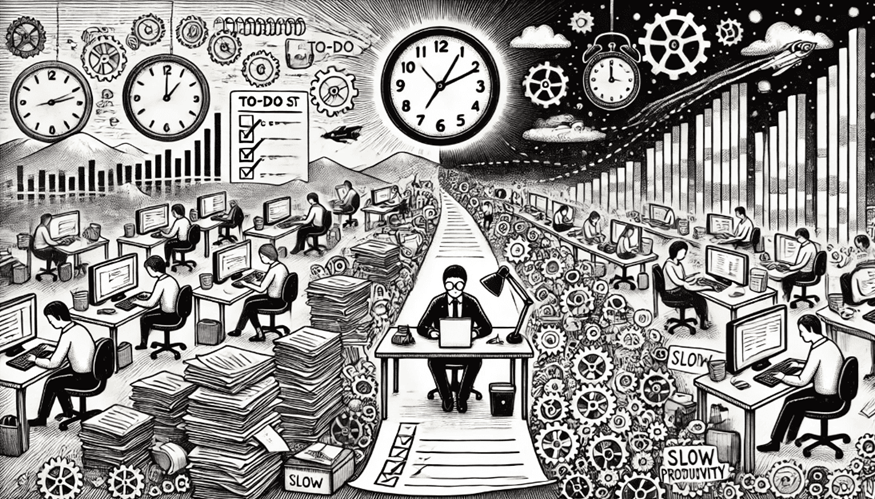 Black and white office scene representing pseudo-productivity